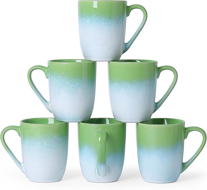 MONITO 17oz Ceramic Coffee Mugs Set of 6, Green Gradient Mugs with Handle | Mugs with Gold Rim for Latte,Tea&Cocoa,Dishwasher&Microwave Safe,Reactive Glaze Cups,Ideal Gift for Office and Home Use