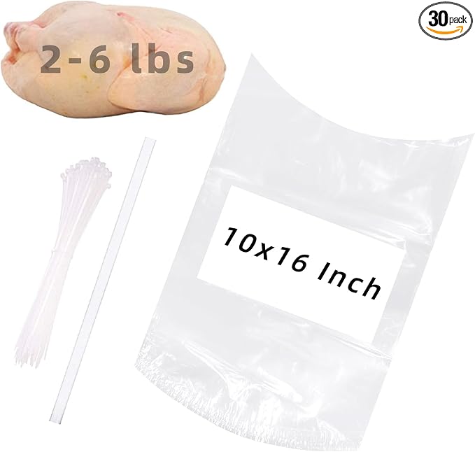 Poultry Shrink Bags 10x16 In 30 PCS Chicken Bags Heat Shrink for Freezer | with Zip Ties, a Silicone Straw for Chickens, Rabbits