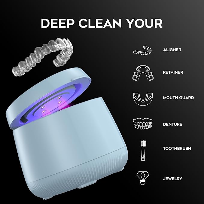 Ultrasonic Retainer Cleaner Machine, Dynamic 42-48kHz Dental Cleaning Pod with Digital Timer, 200ml Mouth Guard Cleaner Pod for Aligners, Night Guards, Dental Trays, Braces & Toothbrushes (Blue)