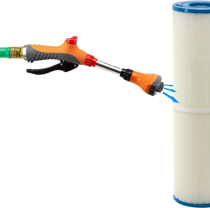 Clarathon Jet Stream Spa & Pool Filter Cleaner Dual Tool Set with Fan Spray Head for Outer Pleats + Long-Reach 360° Cartridge Core Cleaning Wand