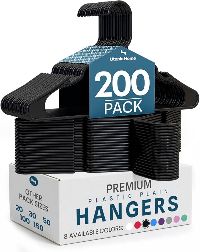 Utopia Home Plastic Hangers 200 Pack – Space Saving Clothes Hanger Black | Durable & strong | Closet organizer & storage | Ideal for apartments, dorms & stocking stuffers