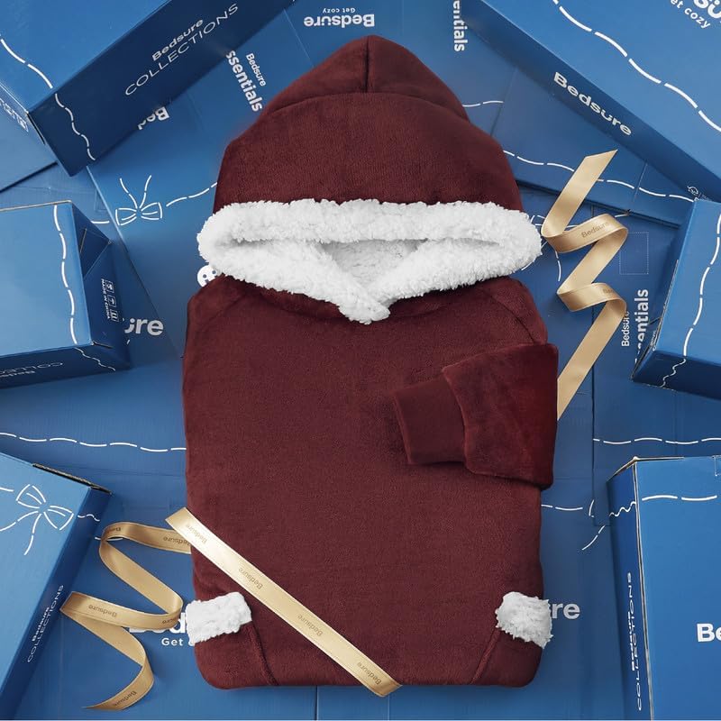 Bedsure Wearable Blanket Hoodie, Cozy Long Hooded Blanket Sweatshirt as Mothers Day Hoodie Gifts for Mom Women, Small, Burgundy