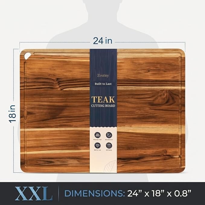 24”×18” Teak Wood Cutting Board for Kitchen, Knife-Friendly Chopping Boards with Juice Grooves & Storage Stand, Heavy Duty Wooden Boards for Meat, Fruit & Cheese, Ideal Housewarming Gift