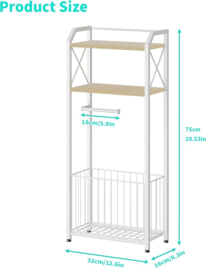 HapiRm Freestanding Toilet Paper Holder - 4-Tier Bathroom Tissue Organizer with Wood Shelves and Large Basket, Toilet Paper Holder Stand for Bathroom, Laundry Room, Apartment - White（Large）