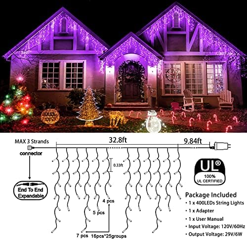 33ft Purple Christmas Lights Outdoor, 400 LED Icicle Lights for Outside Indoor Twinkle Christmas Light with Connectable Clear Wire 8 Modes Timer Waterproof for House Party Tree Holiday Yard Decoration
