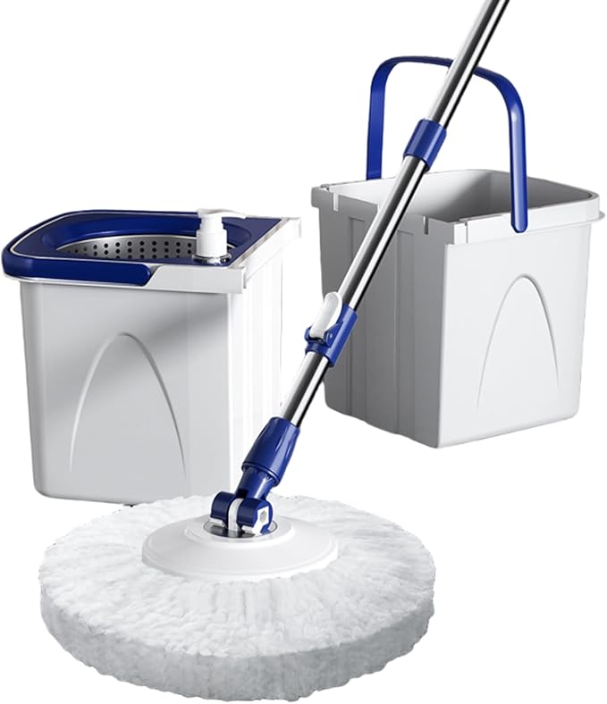 Spin Mop and Bucket Set 43-51 Microfiber 15 Telescopic Round Mop with Wringer, 2 Pads and Detachable Bucket Drain for HomeSpin