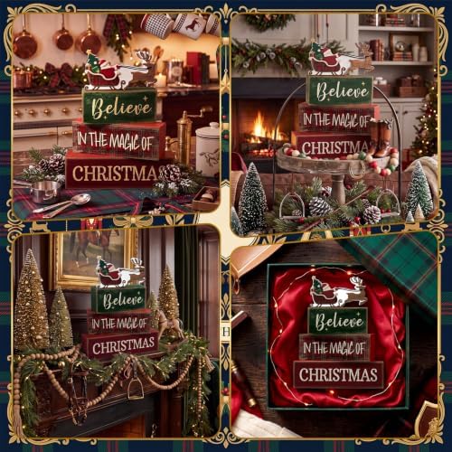Moucuny 4 Pcs Tartan Plaid Christmas Table Decor, Santa Sleigh Wooden Signs