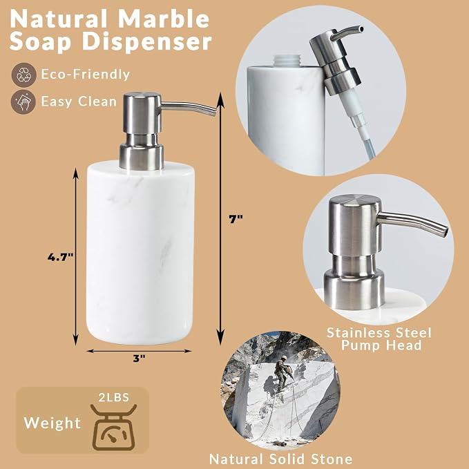 Marble Soap Dispenser Natural Organic Soap Pump with Metal Push Pump, Elegant Round Hand Lotion Jar, Premium Heavy Duty Pump Bottle, Lotion Jar for Kitchen, Bathroom, Laundry Room (White)