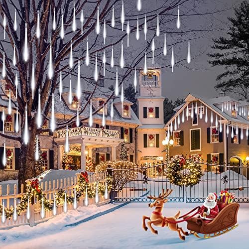 Meteor Shower Lights Outdoor, 2 Pack 11.8 Inches 10 Tubes 240 LED Snowfall Lights, Waterproof Meteor Christmas Light, Hanging Falling Rain Light for Tree Bushes Holiday Party Decoration, White