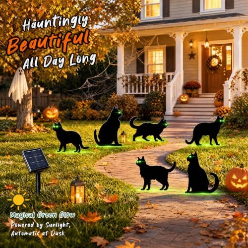 6 Pack Halloween Black Cat Yard Decorations, Solar Powered Green Eyes