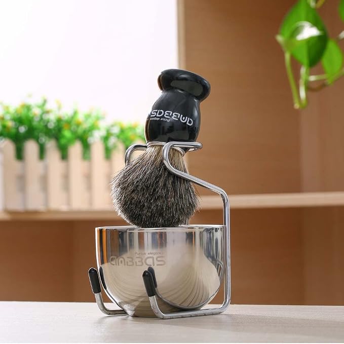 Anbbas Pure Badger Shaving Brush with Wood Handle,Stainless Steel Shaving Stand and Soap Bowl Perfect for Men Wet Shave