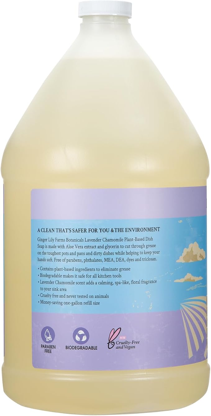 Ginger Lily Farms Botanicals Plant-Based Liquid Dish Soap, Concentrated Formula with Max Grease Cleaning Power, Cruelty-Free, Lavender Chamomile Scent, 1 Gallon (Pack of 4)