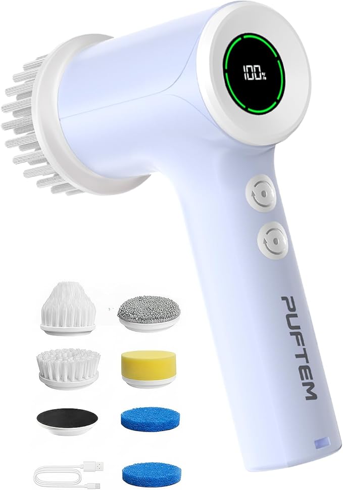 PUFTEM Shower Scrubber, Electric Spin Scrubber for Bathroom Cleaning – Cordless Shower Cleaner Brush with 6 Brush Heads, Dual-Direction Rotation, for Grout, Tile, Tub, Sink & Corners, Purple