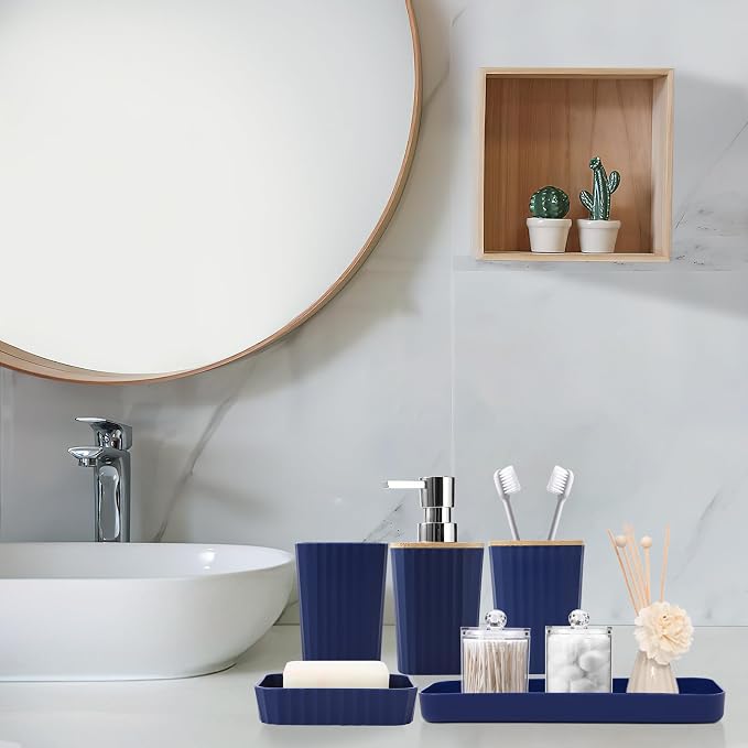 XLHOMO Navy Blue Bathroom Accessories with Bath Towels Ombre Shower Curtain, Blue Bathroom Setwith Trash Can,Toothbrush Holder,Toothbrush Cup,Soap Dispenser,Soap Dish,Toilet Brush and Qtip Holders