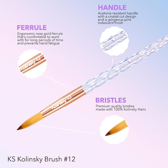 Kiara Sky Kolinsky Acrylic Nail Brush #10 – Pure Kolinsky Sable Hair, Iridescent Crystal Handle, Acetone Resistant, for Acrylic Application, Extensions & 3D Nail Art
