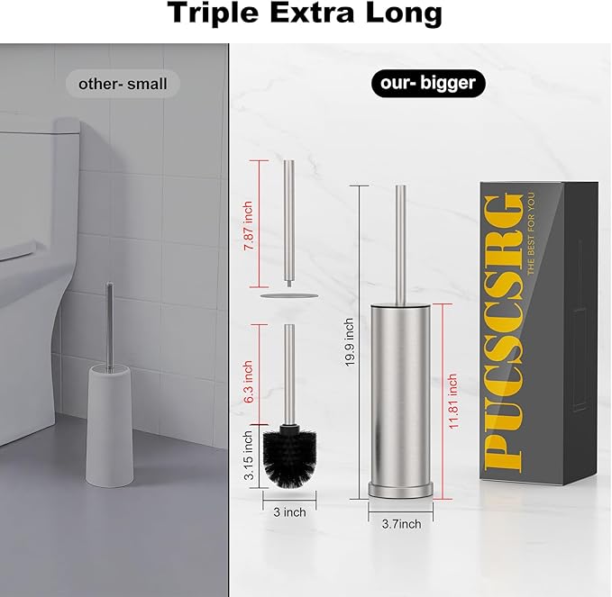 Stain Nickel Toilet Brush and Holder Set，Stainless Steel Heavy Duty Toilet Bowl Brush，Extra Long Handled Modern Toilet Cleaner Brush with Replaceable Head, Removable Inner Bowl, and Splash Protection