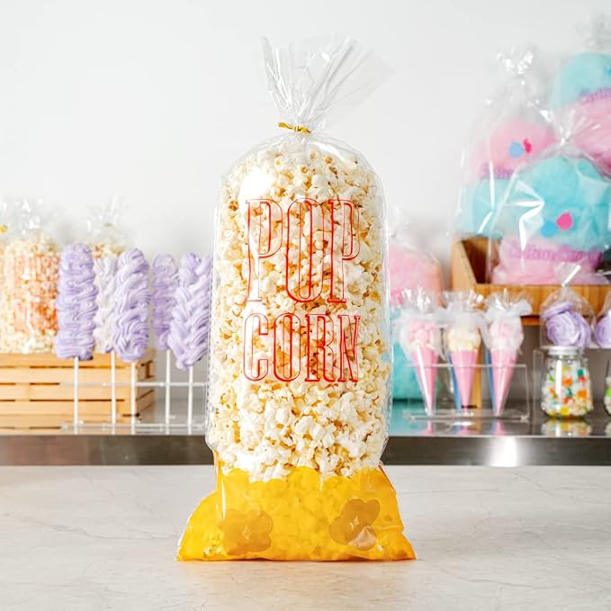Restaurantware-Bag Tek 17 x 7 Inch Popcorn Bags, 100 Greaseproof Popcorn Favor - Hot & Cold Friendly, Freezable, Clear PE Plastic Carnival, For Event Favors Or Goodie Bags