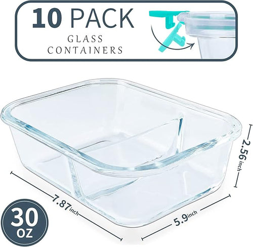 10 Packs 30oz Glass Meal Prep Containers 2 Compartments,Glass Food Storage Containers with Lids,Airtight Glass Lunch Bento Boxes,Oven,Freezer and Dishwasher Safe, Green