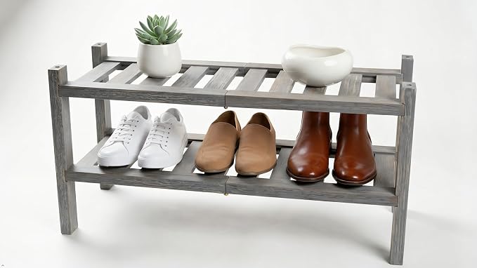 2-Tier Acacia Wood Stackable Shoe Rack - Brush Grey