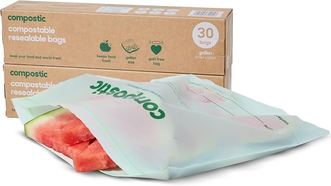 Compostic Compostable Gallon Bags (60 Count) Starter Pack — Resealable Zip-Seal, Plant-Based, Home Compostable, Freezer Safe, BPA-Free, Non-Toxic, GMO-Free Food Storage Bags