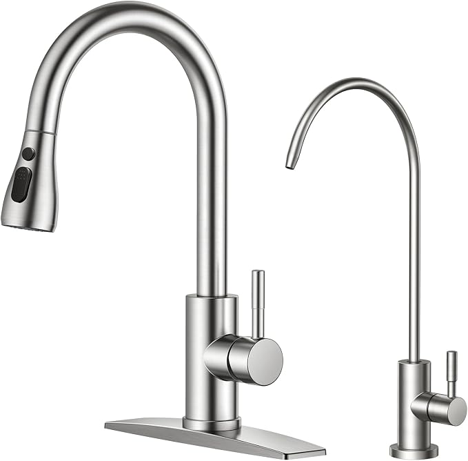 FORIOUS Kitchen Faucet and Water Filter Faucet Combo, Brushed Nickel Stainless Steel Bar Faucet Pull Down Sprayer and Drinking Purifier Faucet Set for Kitchen Sink RV Farmhouse Camper