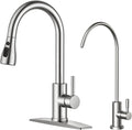 FORIOUS Kitchen Faucet and Water Filter Faucet Combo, Brushed Nickel Stainless Steel Bar Faucet Pull Down Sprayer and Drinking Purifier Faucet Set for Kitchen Sink RV Farmhouse Camper