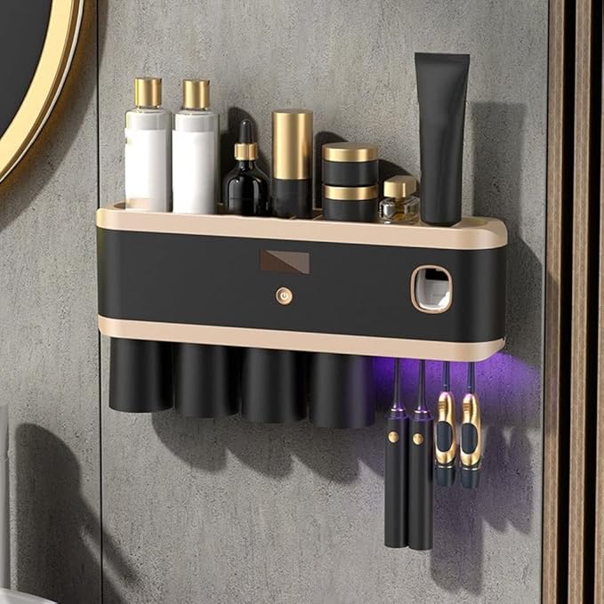 Toothbrush Rack Smart Toothbrush Holder Wall Mount Toothbrush Holder with Mouthwash Cup Automatic Toothpaste Dispenser Squeeze Kit Bathroom Toothbrush Holder(C)