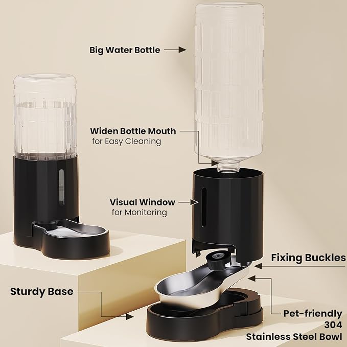 CZPET Dog Water Bowl Dispenser 9.5L, Wider Mouth Gravity Refilling (Black) | Upgraded Brush, Easy to Clean Automatic Cat Waterer with Removable Stainless Steel Bowl, Large Drinking Area for Multi-Pet