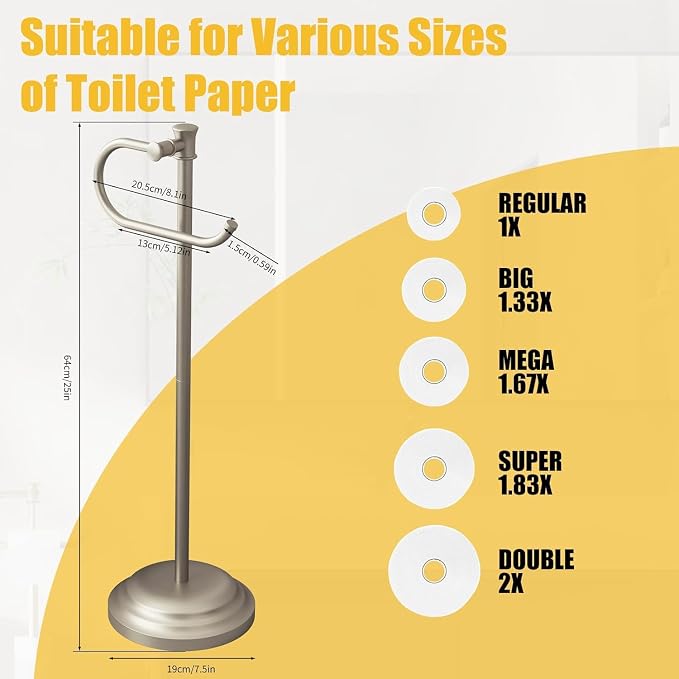 BESy Toilet Paper Holder Stand SUS 304 Free Standing Bathroom Tissue Holder with Storage Hardware Accessories Rack Hand Towel Bar Rustproof Lavatory Tissue Roll Holder Floor Modern Brushed Nickel