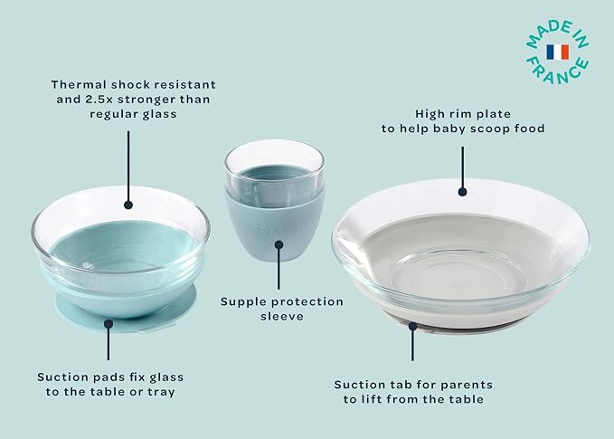 BEABA 3-Piece Glass Meal Set with Suction Pad, Toddler Plate and Baby Bowls with Suction, Non Slip Kids Dinnerware Set, 2.5x Stronger than Regular Glass, (Rain)