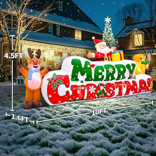 10FT Christmas Inflatables Outdoor Decorations Inflatable Merry Christmas with Santa Gingerbread Reindeer, Built in LED Lights Blow up Yard Decorations for Xmas Holiday Party Garden Lawn Décor