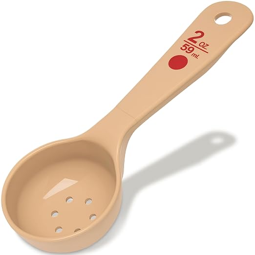 Carlisle FoodService Products 2 Oz Perforated Portion Control Spoon – Short Handle Measuring Spoon – Beige Polymer Foodservice Spoon for Commercial Kitchens, (Pack of 12)