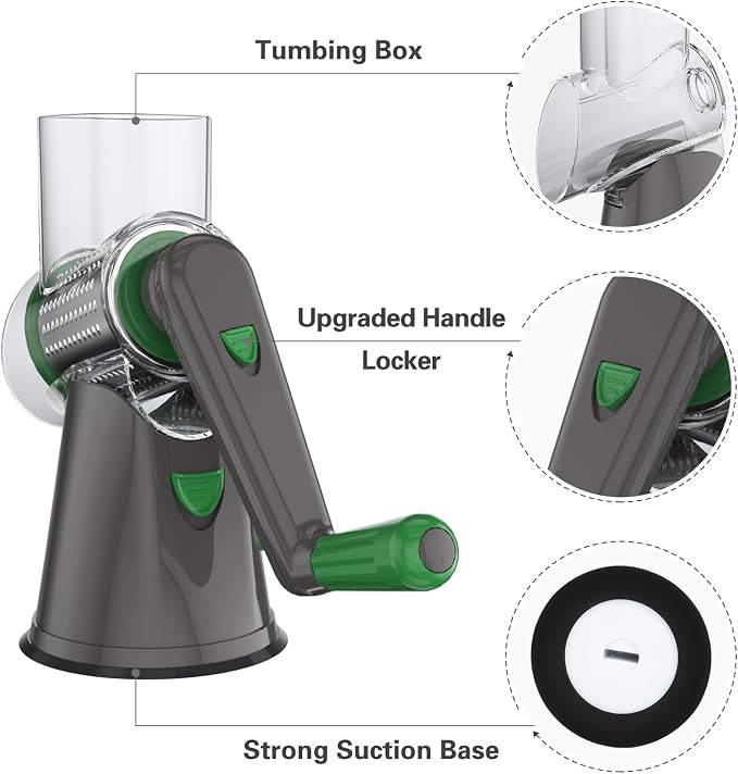 Cambom Rotary Cheese Grater Hand Crank Cheese Shredder for Fresh Cheese, Vegetable, Nuts,Non-slip Suction Base, Three Blades, Gray Green