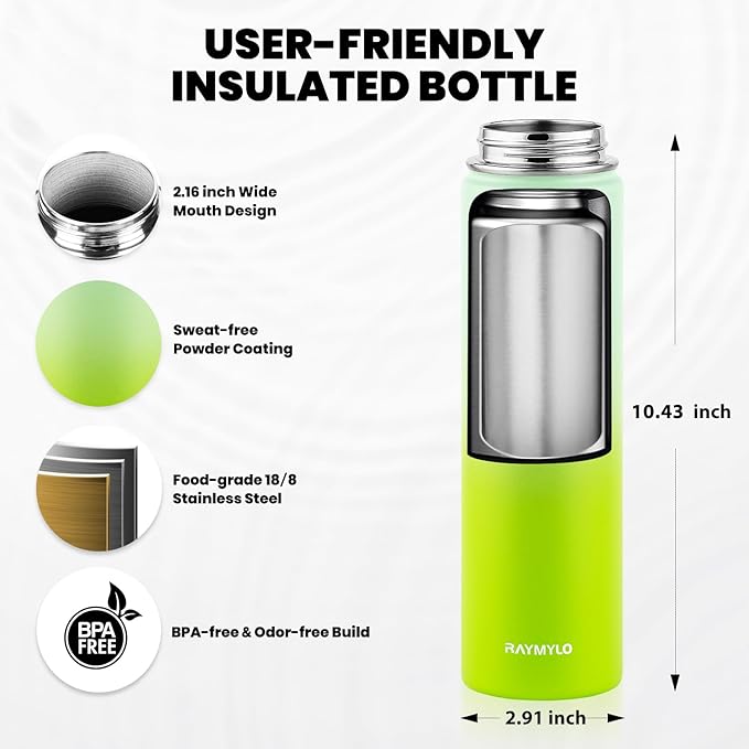RAYMYLO Insulated Water Bottle 24 oz, Triple Wall Vacuum Stainless Steel (Cold for 24Hrs, Hot for 12Hrs), Leak Proof & Non-BPA, Modern Water Flask Jug with Paracord Handle & Straw Spout Lids