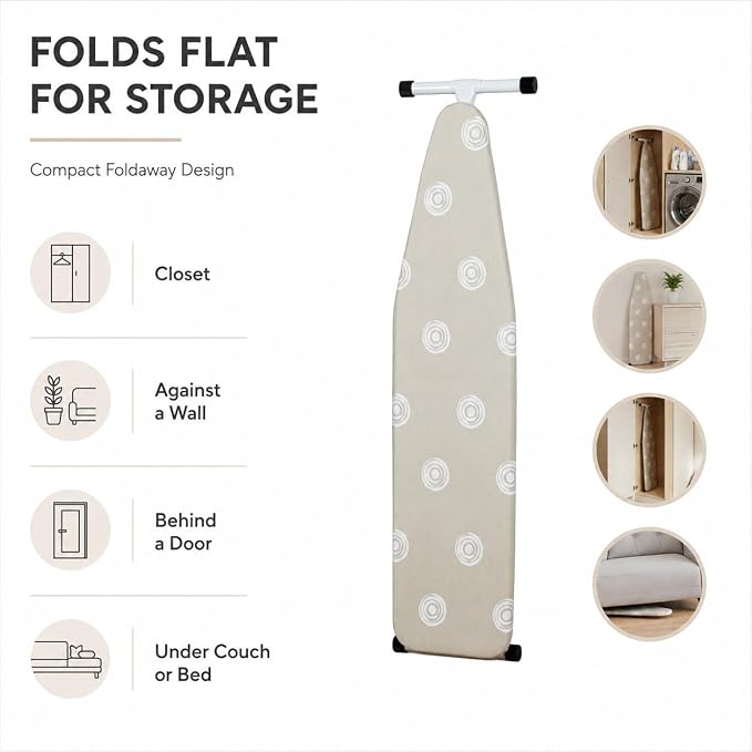 Folding T-Leg Ironing Board, 53 x 14 Inch, Adjustable Height, for Home Use | Portable ironing board with sturdy steel frame and 100% cotton cover, adjustable height, folds flat for easy storage
