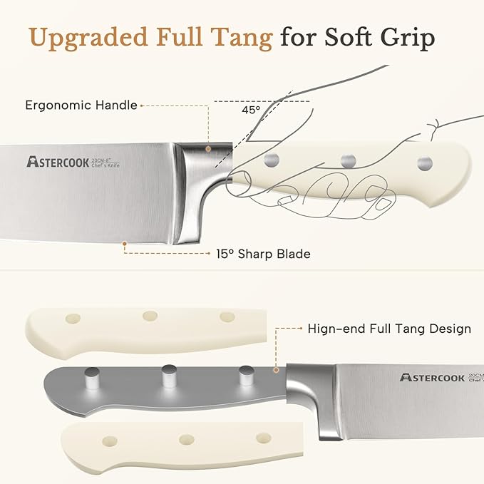 Knife Set,Astercook Kitchen Knife Set with Block 22-Piece Full Tang Stainless Steel Knives with Sharpener Dishwasher Safe and Anti-Slip Ergonomic Handle Elegant Cream White Utensils Set