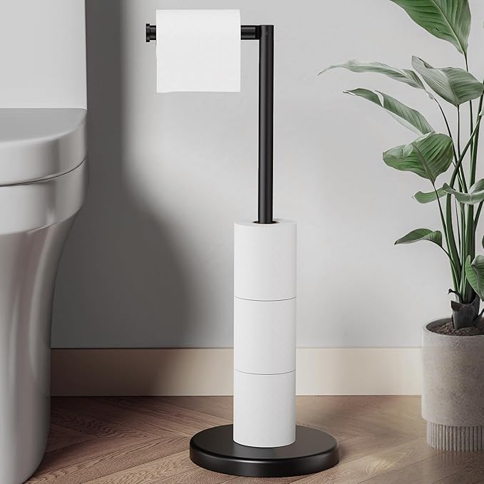Matte Black Toilet Paper Holder Stand, 22.2" H Bathroom Free Standing Toilet Paper Roll Holder Storage Shelf for 4 Rolls, Stainless Steel Toilet Paper Holders with Non-Slip Stable Base