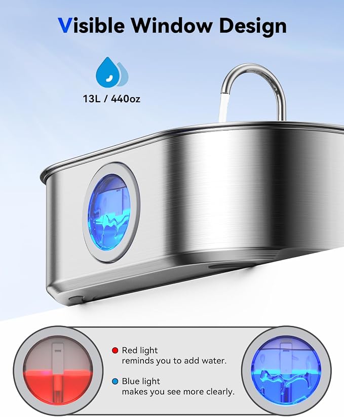 3.4Gal Dog Water Fountain for Large Dogs, 13L Stainless Steel Large Pet Fountain with Deeper & Wider Drinking Area, Automatic Dog Water Bowl Dispenser with Water Window (with 7 Filters)