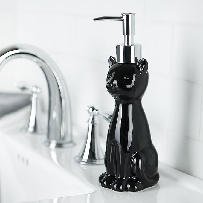 Allure Home Creation Cat 3-Piece Black Ceramic Toilet Brush Holder with White Plastic Brush and Soap Dispenser Set-Black