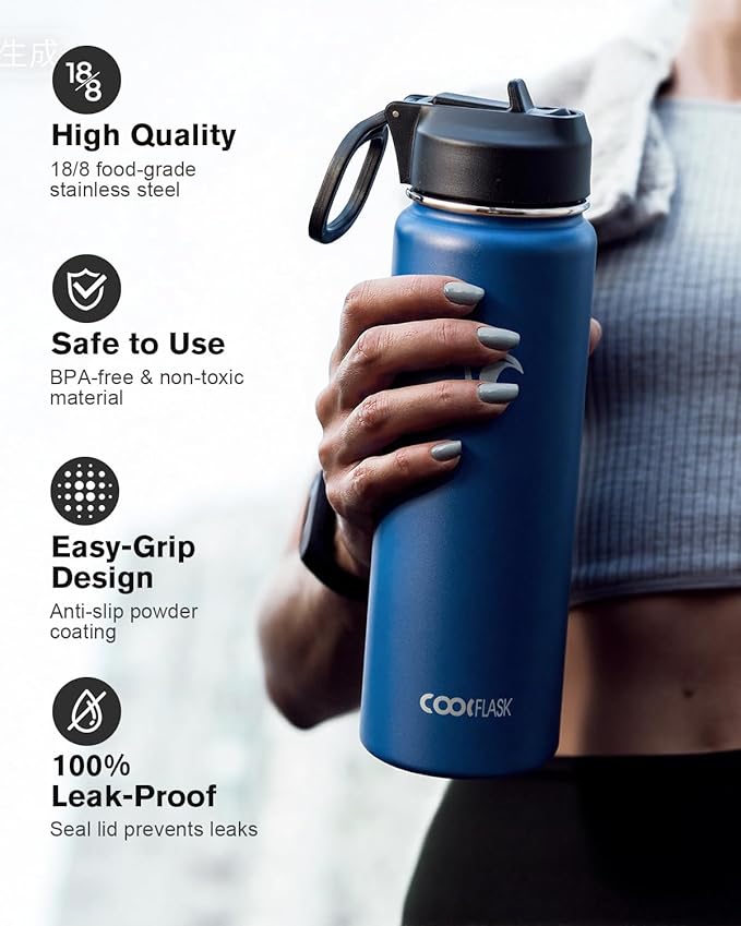 Coolflask Water Bottle 24 oz Insulated with Straw, Stainless Steel Metal 3 Lids Water Flask Wide Mouth for Sports or Office, Non-BPA Keep Cold Up to 48 Hrs or Hot Up to 24 Hrs, King's Blue