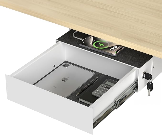 Under Desk Slide Out, Lockable Steel Storage Drawer with Lock and Keys, Full-Extension Slides, Undermount Drawer for Home Office & Standing Desk, 13.8 Inch, White
