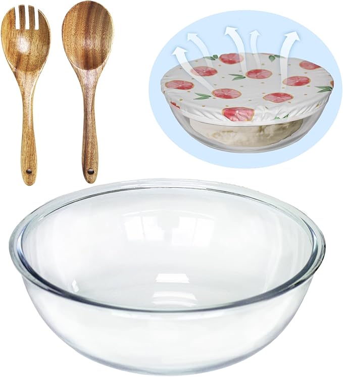 6.5Quart Large Glass Bowl with Lid for Sourdough Bread Making, 12.3 Inch Clear Glass Salad Cooking Bowls for Kitchen Salad Bread Storage, For Prepping, Marinating & Brining Kimch