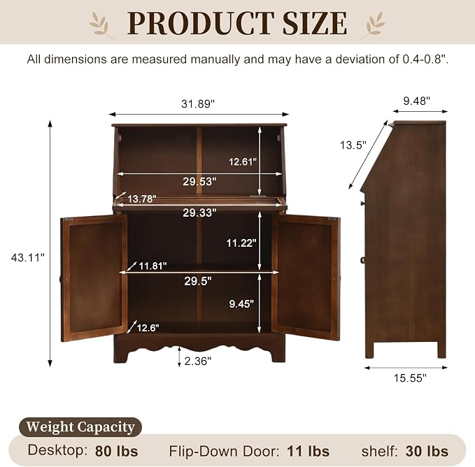 Ahokua Vintage Storage Cabinet with Flip Down Desk, Wood Accent Cabinet with Adjustable Shelf and Hidden Workspace, Entryway Cabinet with Doors for Living Room, Home Office, Walnut