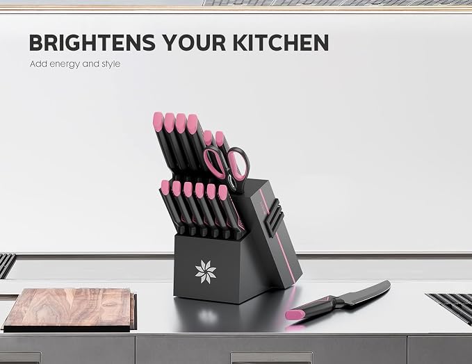 ASETY 15 PCS Knife Set with Block and Sharpener, Dishwasher Safe, Pink | Razor Sharp Kitchen Knives, Stainless Steel Knife Block Set, Ergonomic Non-Slip Handle, Elegant Box for Her Girls Women Wife