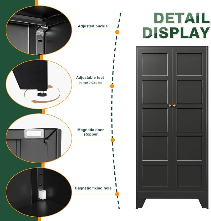 71" H Metal Storage Cabinet with 2 Doors and 4 Shelves,Tall Kitchen Pantry Cabinets,Utility Pantry Organizers for Cupboard/Dining/Bathroom/Home Office/Garage (Black, 71" H x 16" D x 32" W)