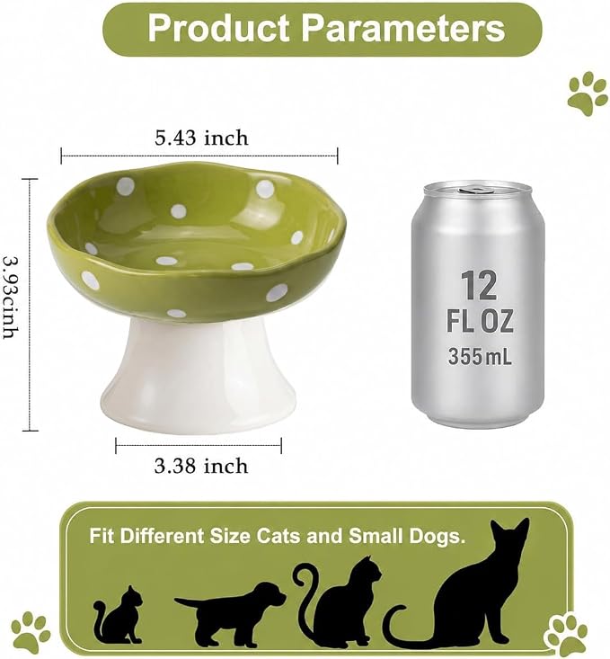 Mushroom Cat Bowl, Elevated Ceramic Cat Bowl, Avocado Green | Cute Mushroom Design • Avocado Green • Elevated Feeding • Whisker Friendly • Smooth Ceramic