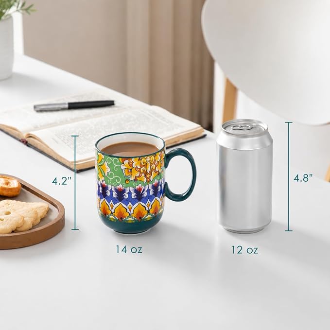 vancasso Simi Boho Coffee Mugs Set of 6, 14 oz Ceramic Mugs with Handle, Colorful Porcelain Cups Microwave Dishwasher Safe, for Latte Tea Cappuccino Cocoa Hot Chocolate