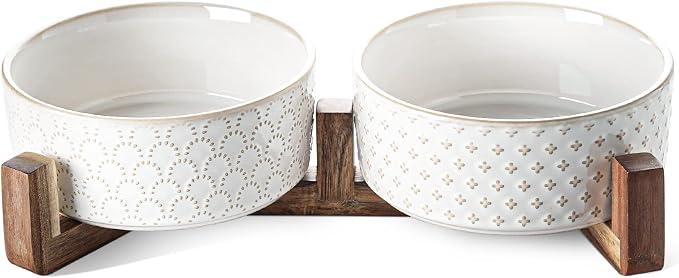 LE TAUCI Dog Bowls Ceramic for Small Medium Dogs - 3-Cup Dual Food & Water Bowl Set with Acacia Wood Stand, Non-Slip Anti-Tip Elevated Design