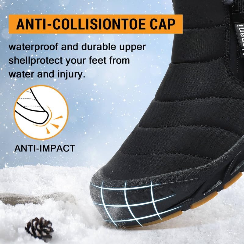 Hanani Mens Snow Boots Waterproof Winter Boots for Men Fur Lined Warm Ankle Boots Zipper Closure Slip on Outdoor Boot Comfortable Walking Shoes