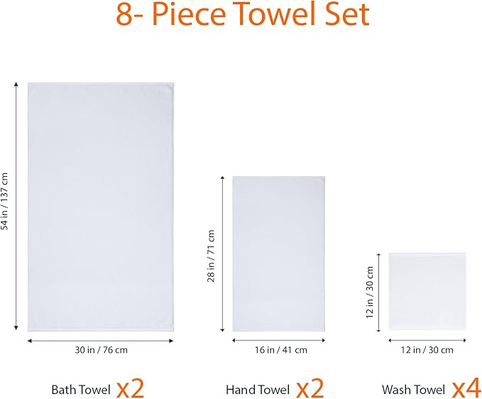 Amazon Basics 100% Cotton Soft Quick-Dry 8-Piece Towel Set, Bath Towels, Hand Towels, Washcloths, White, Compact & Lightweight (Pack of 6)